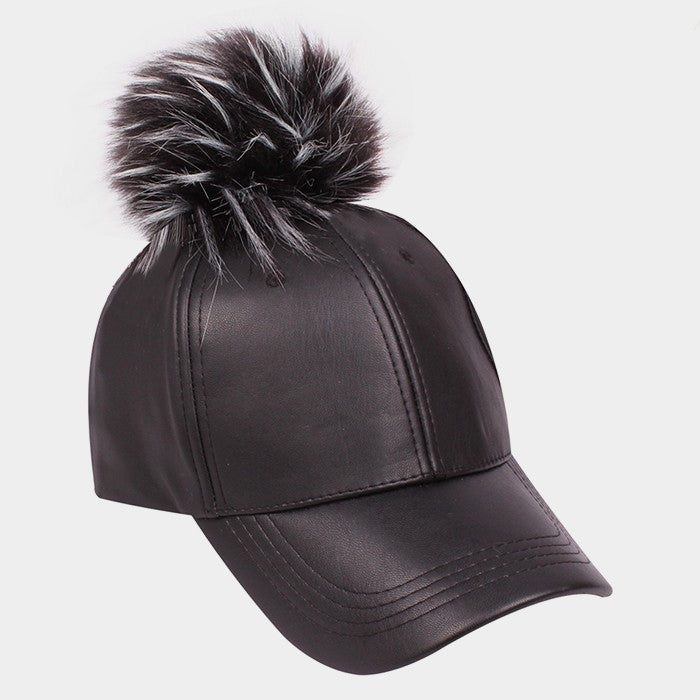 HATEGORY Pom pom faux leather baseball cap