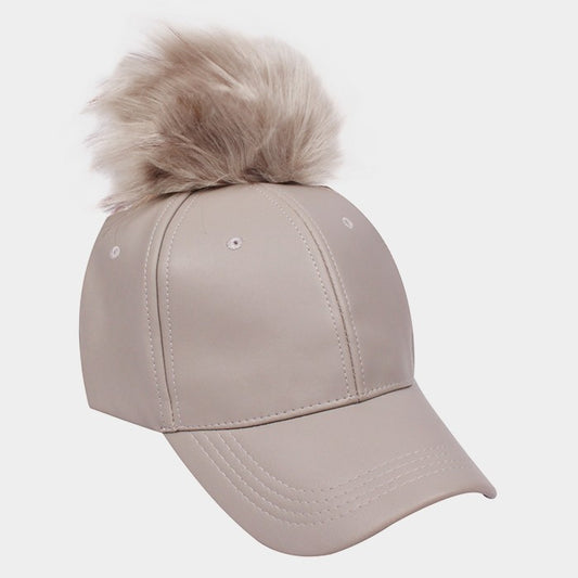 HATEGORY Pom pom faux leather baseball cap