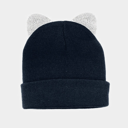 HATEGORY Crystal Rhinestone Embellished Cat Ears Beanie