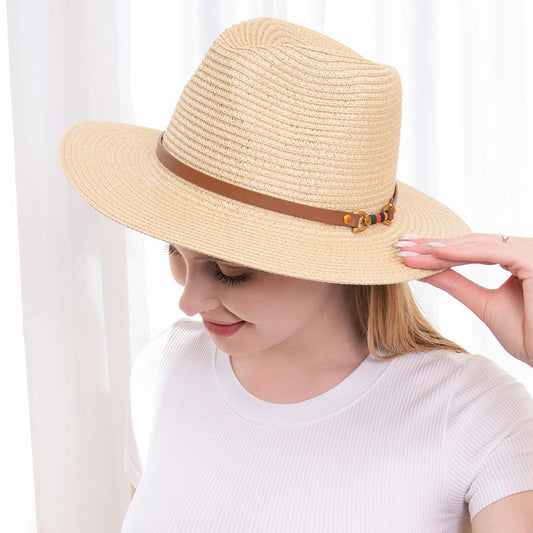 HATEGORY Color Block Pointed Faux Leather Band Straw Panama Sun Hat