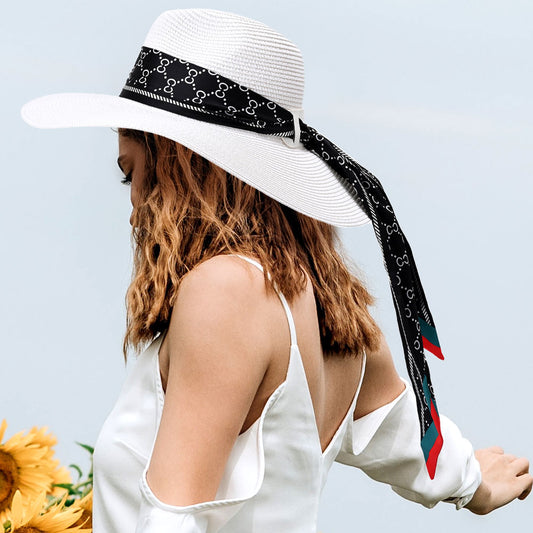 HATEGORY Patterned Scarf Band Straw Sun Hat