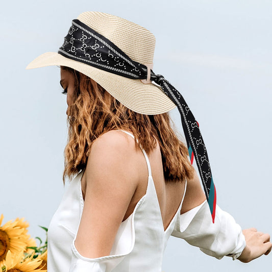HATEGORY Patterned Scarf Band Straw Sun Hat