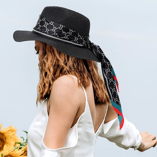 HATEGORY Patterned Scarf Band Straw Sun Hat