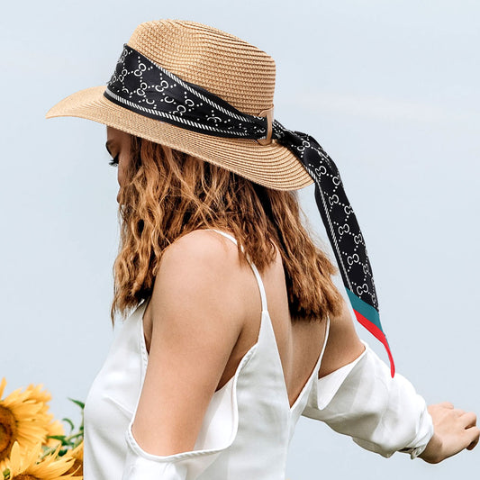 HATEGORY Patterned Scarf Band Straw Sun Hat
