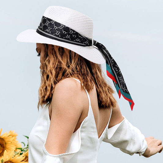 HATEGORY Patterned Scarf Band Straw Sun Hat