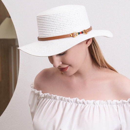 HATEGORY Color Block Pointed Faux Leather Band Straw Sun Hat