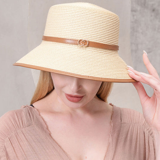 HATEGORY Double Open Metal Circle Link Accented Straw Sun Hat