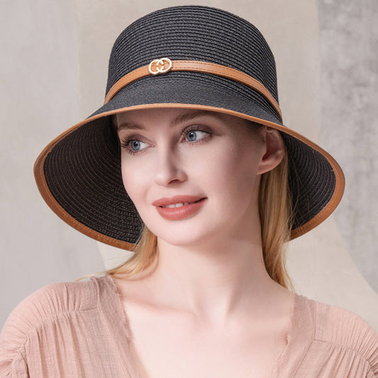 HATEGORY Double Open Metal Circle Link Accented Straw Sun Hat