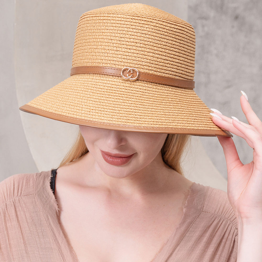 HATEGORY Double Open Metal Circle Link Accented Straw Sun Hat