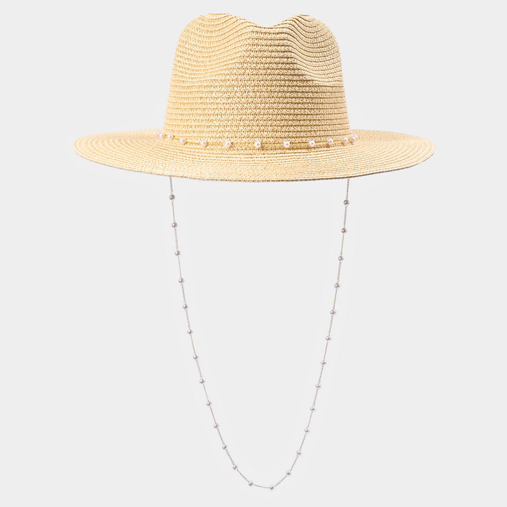 HATEGORY Pearl Embellished Panama Straw Sun Hat