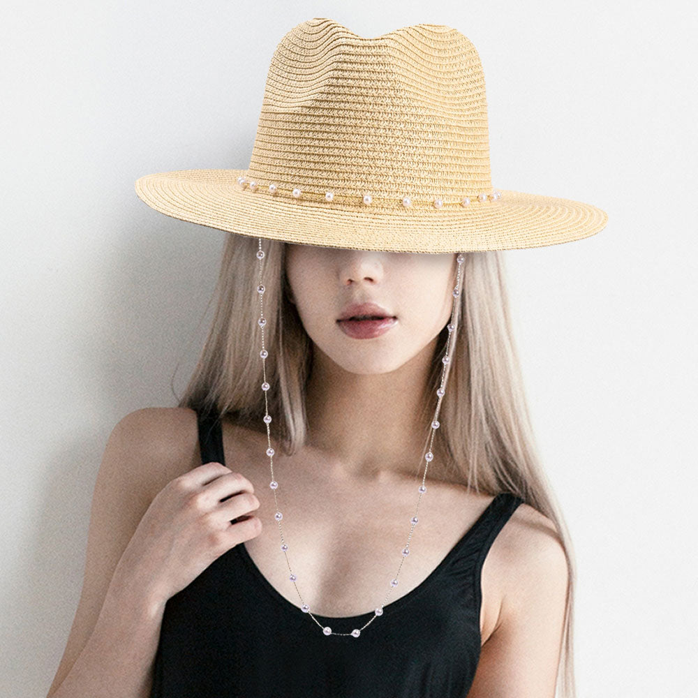 HATEGORY Pearl Embellished Panama Straw Sun Hat
