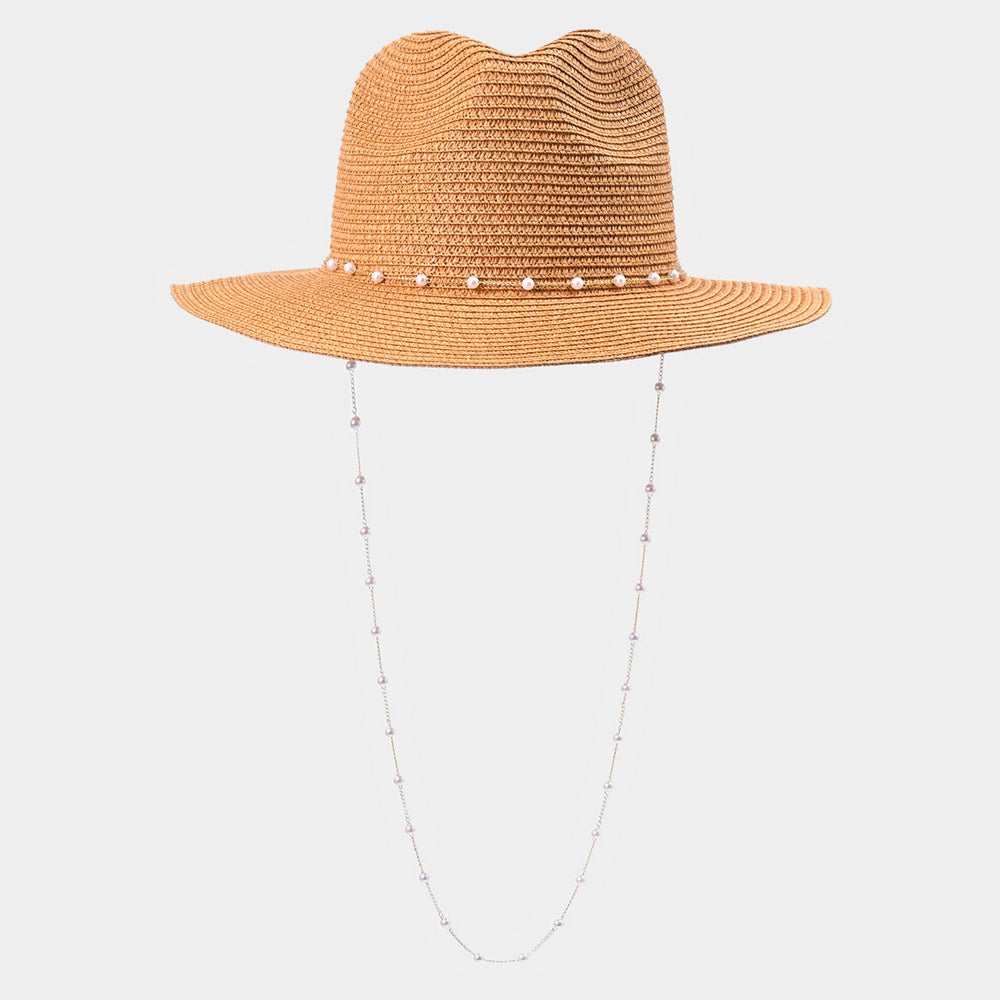 HATEGORY Pearl Embellished Panama Straw Sun Hat
