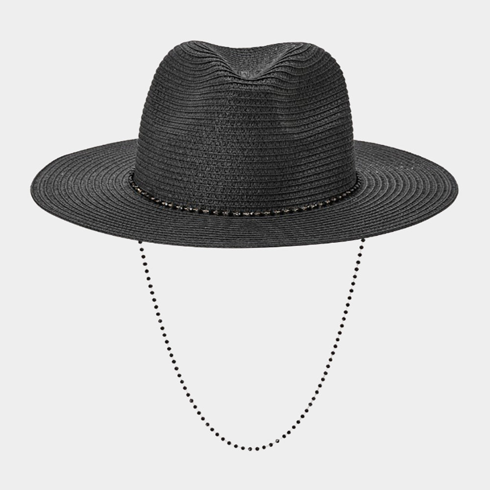 HATEGORY Beaded Chin Tie Straw Sun Hat
