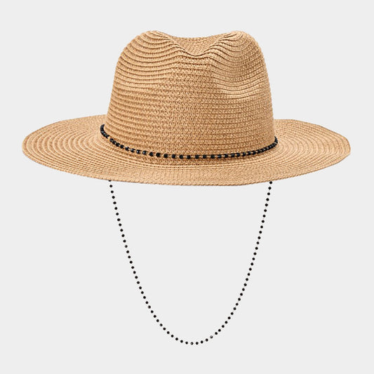 HATEGORY Beaded Chin Tie Straw Sun Hat