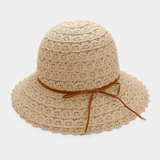 HATEGORY Crochet lace sun hat with faux suede ribbon