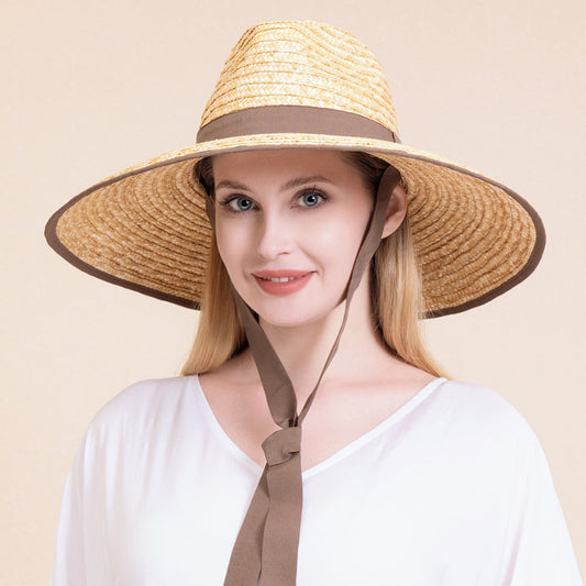 HATEGORY Trimmed Ribbon Straw Panama Sun Hat