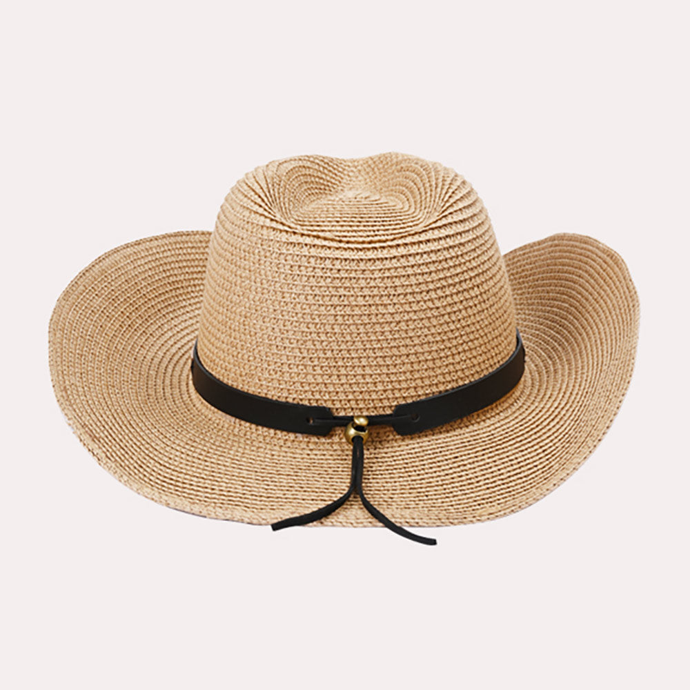 HATEGORY Faux Leather Band Straw Panama Sun Hat
