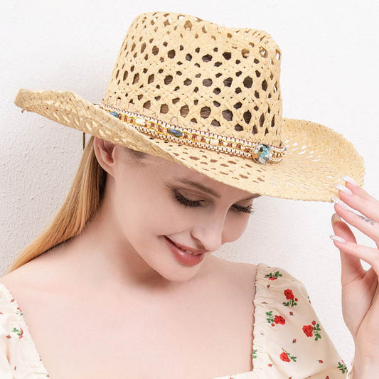 HATEGORY Boho Band Cut Out Straw Panama Sun Hat