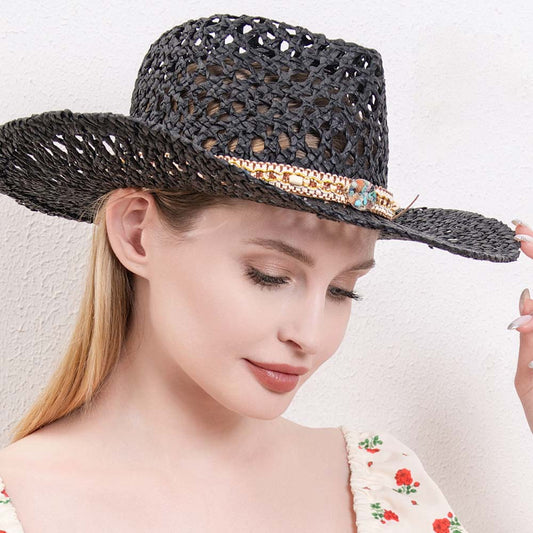 HATEGORY Boho Band Cut Out Straw Panama Sun Hat