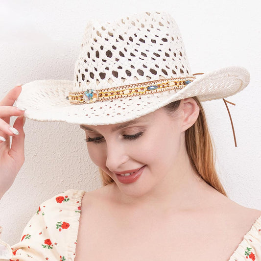 HATEGORY Boho Band Cut Out Straw Panama Sun Hat