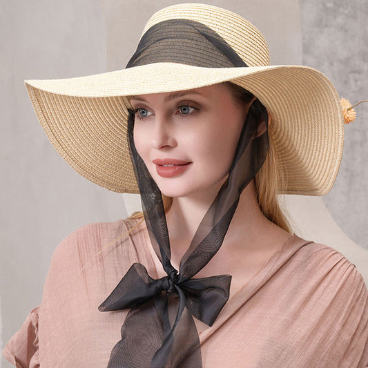 HATEGORY Mesh Ribbon Floppy Straw Sun Hat