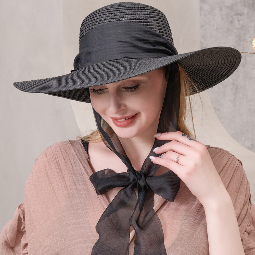 HATEGORY Mesh Ribbon Floppy Straw Sun Hat