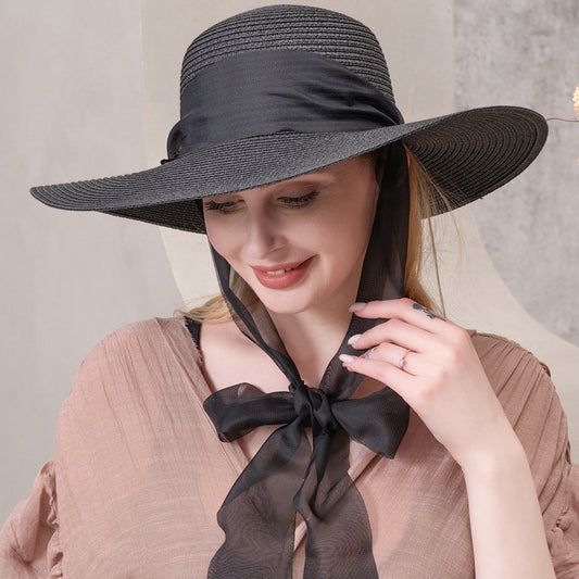 HATEGORY Mesh Ribbon Floppy Straw Sun Hat