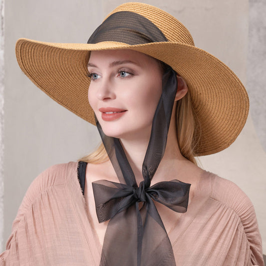 HATEGORY Mesh Ribbon Floppy Straw Sun Hat