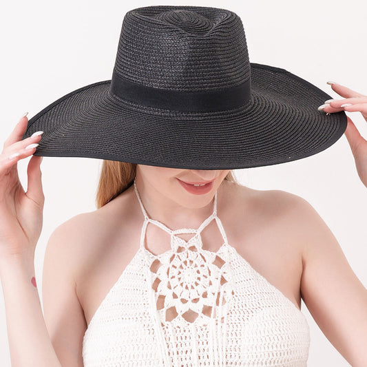 HATEGORY Black Band Trimmed Straw Sun Hat