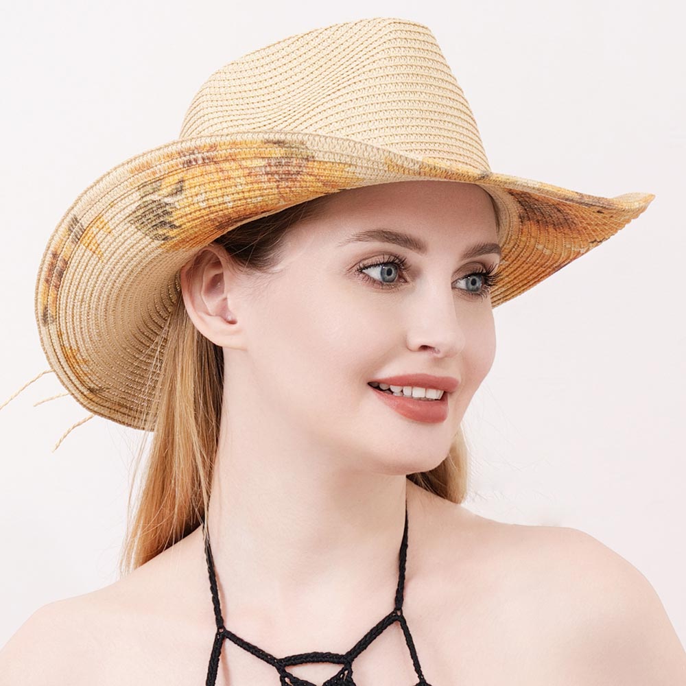 HATEGORY Sunflower Printed Straw Panama Sun Hat