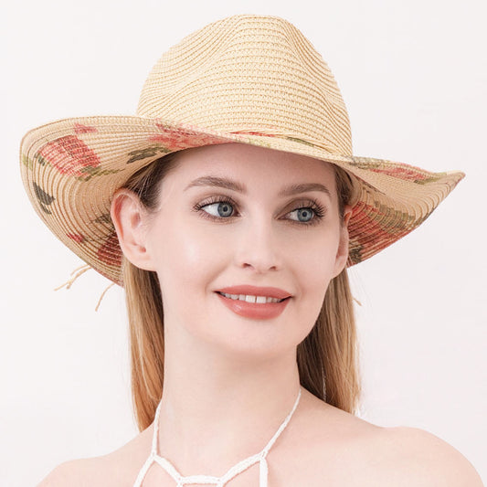 HATEGORY Rose Flower Printed Straw Panama Sun Hat