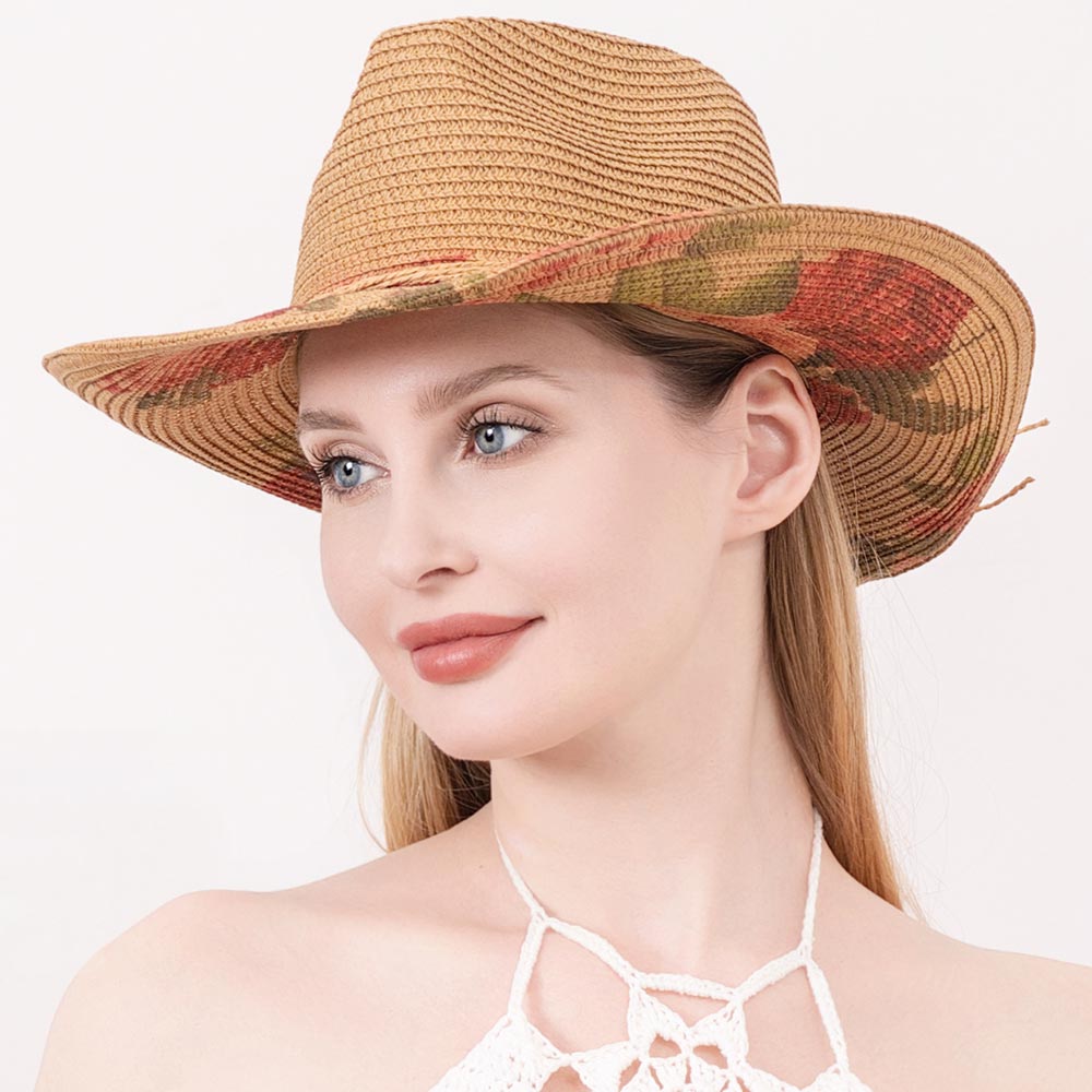 HATEGORY Rose Flower Printed Straw Panama Sun Hat
