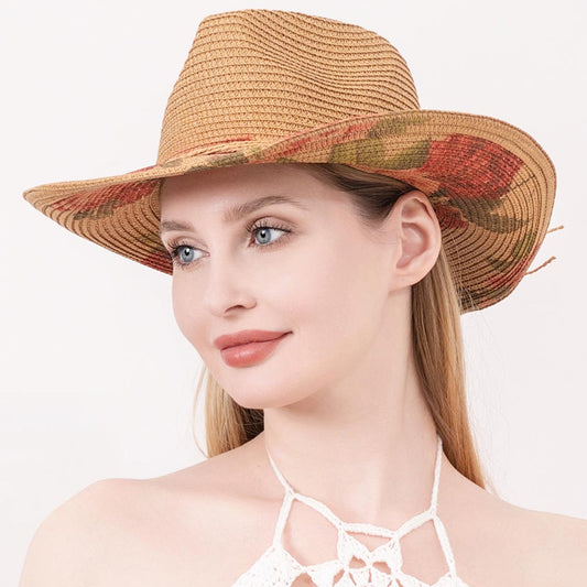 HATEGORY Rose Flower Printed Straw Panama Sun Hat