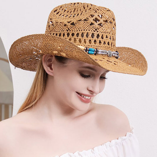 HATEGORY Natural Stone Wood Accented Straw Cowboy Sun Hat