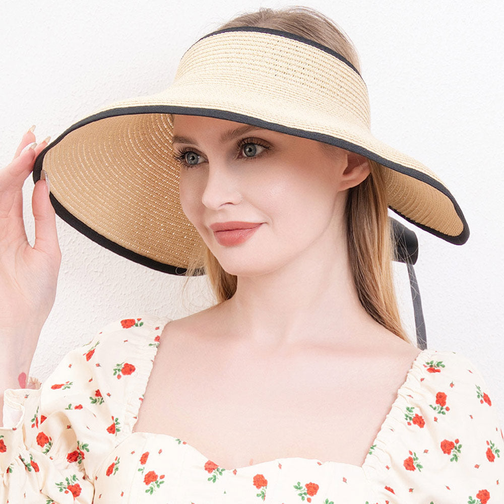 HATEGORY Black Trimmed Visor Straw Sun Hat