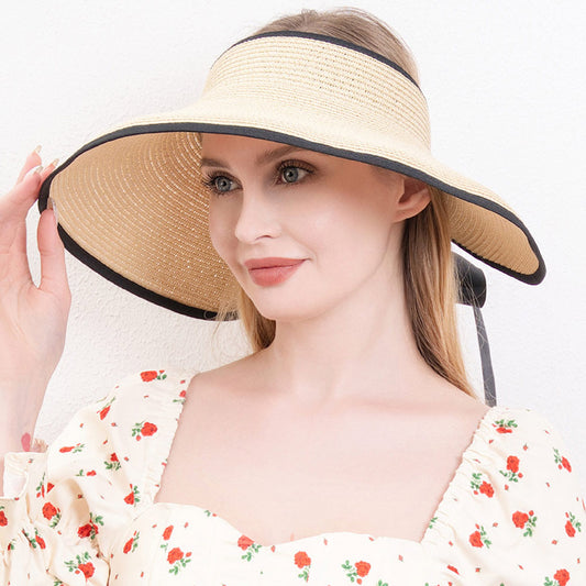 HATEGORY Black Trimmed Visor Straw Sun Hat
