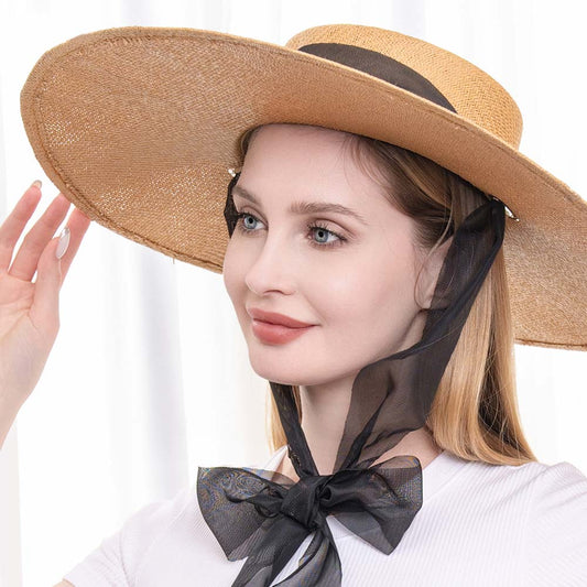HATEGORY Mesh Ribbon Straw Floppy Sun Hat