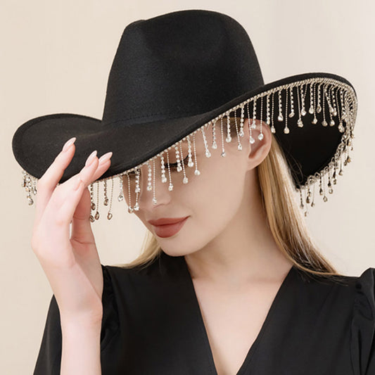 HATEGORY Rhinestone Stone Paved Fringe Around Cowboy Western Hat