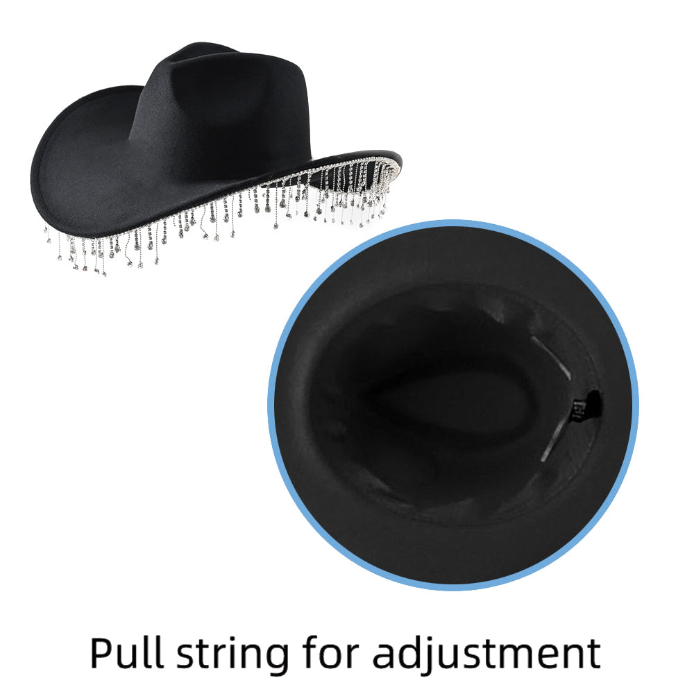 HATEGORY Rhinestone Stone Paved Fringe Around Cowboy Western Hat