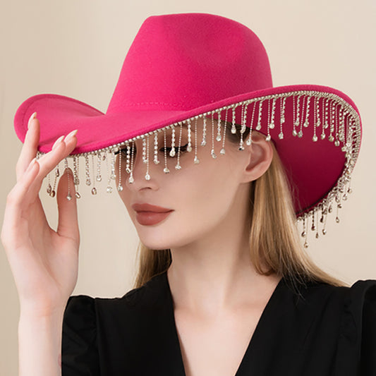 HATEGORY Rhinestone Stone Paved Fringe Around Cowboy Western Hat