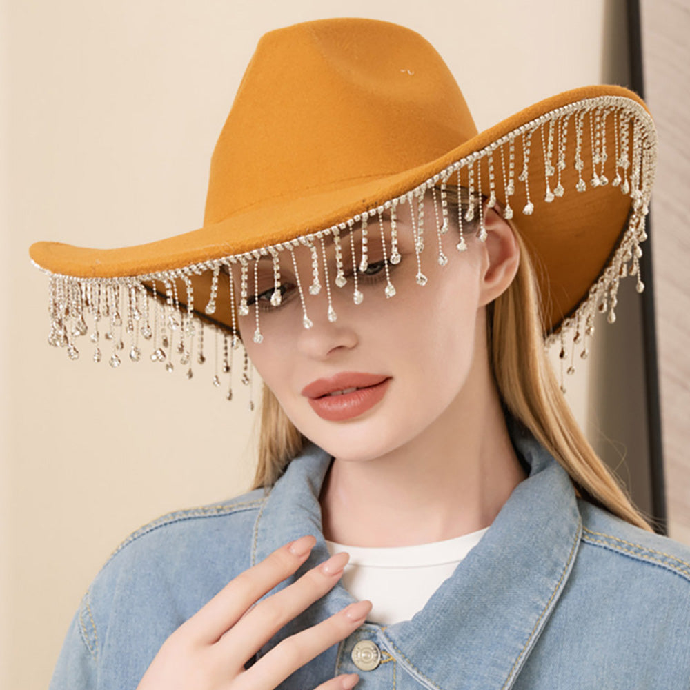HATEGORY Rhinestone Stone Paved Fringe Around Cowboy Western Hat