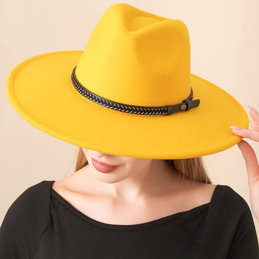 HATEGORY Faux Leather Band Solid Panama Hat