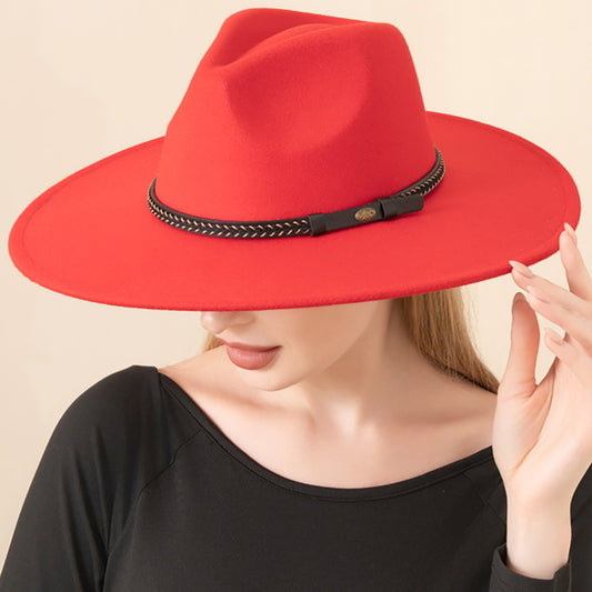 HATEGORY Faux Leather Band Solid Panama Hat