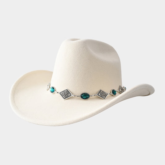 HATEGORY Oval Stone Antique Metal Band Solid Cowboy Fedora Panama Hat