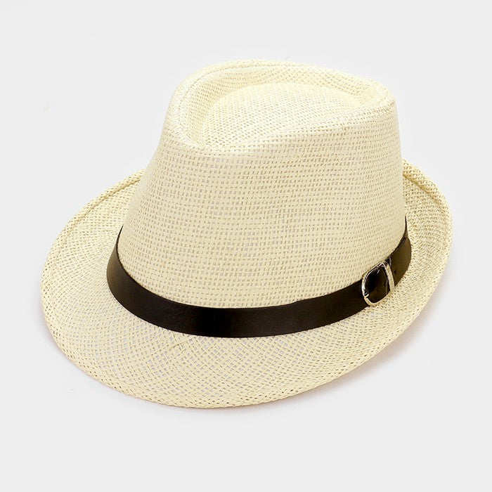 HATEGORY Straw fedora hat with faux leather buckle belt