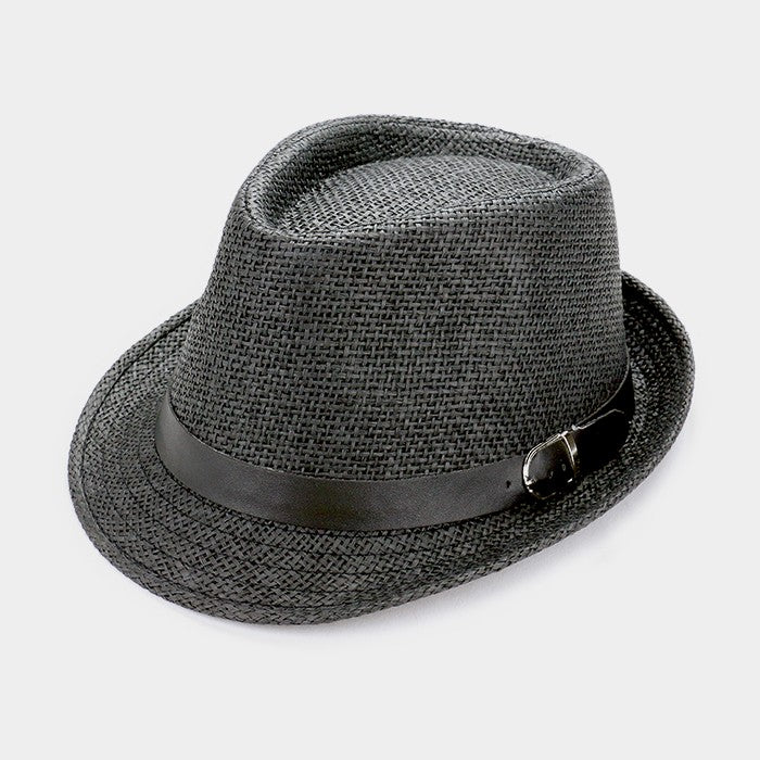 HATEGORY Straw fedora hat with faux leather buckle belt