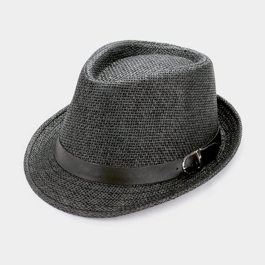 HATEGORY Straw fedora hat with faux leather buckle belt