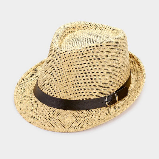 HATEGORY Straw fedora hat with faux leather buckle belt