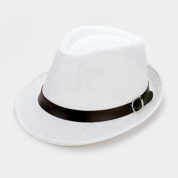 HATEGORY Straw fedora hat with faux leather buckle belt