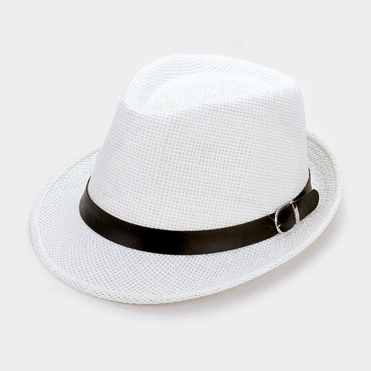 HATEGORY Straw fedora hat with faux leather buckle belt
